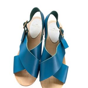 Youyou Blue Leather Crossover Strap Wood Clogs Sandals Womens Size 38 France